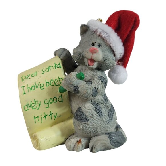Cat Christmas Ornaments Set of 2 Kitty Noel Dear Santa Wearing Santa Hat Ceramic - Picture 2 of 8